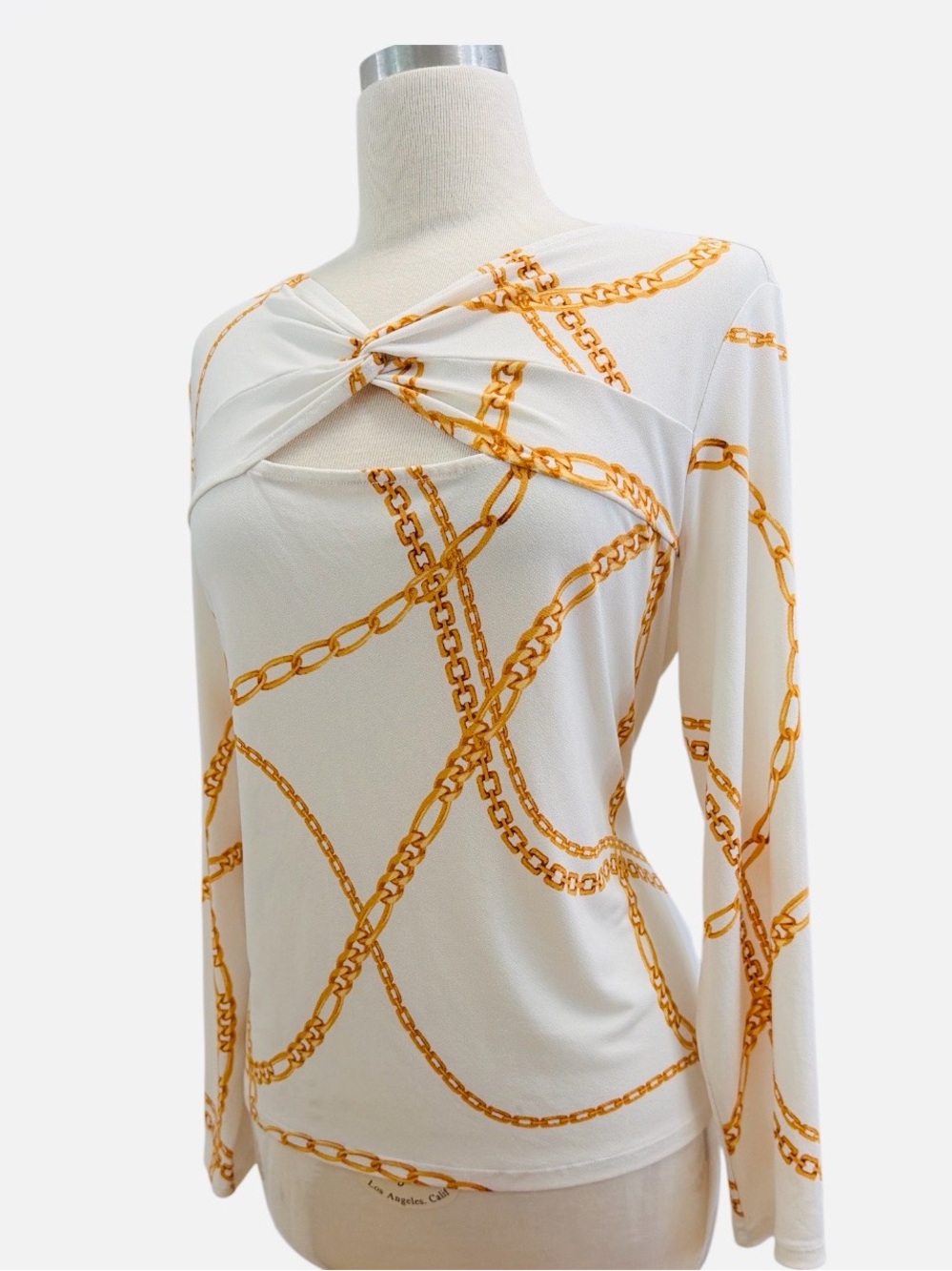 BOLD elements White Long-Sleeve Twist Front Top with Gold Chain Print